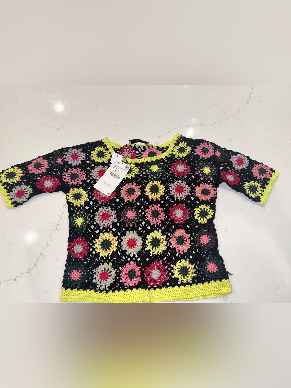 Zara Crochet Floral Panel Top — Black with Pink, Yellow & Gray